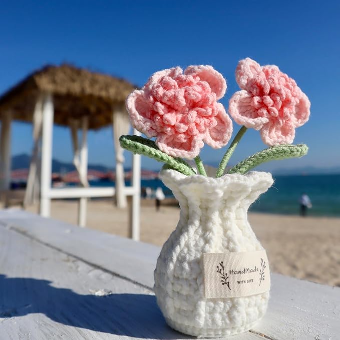 YOOJEE Crochet Paris Polyphylla Flower Pot Handmade Knitted Desk Decor Pink Potted Plant for Home Office