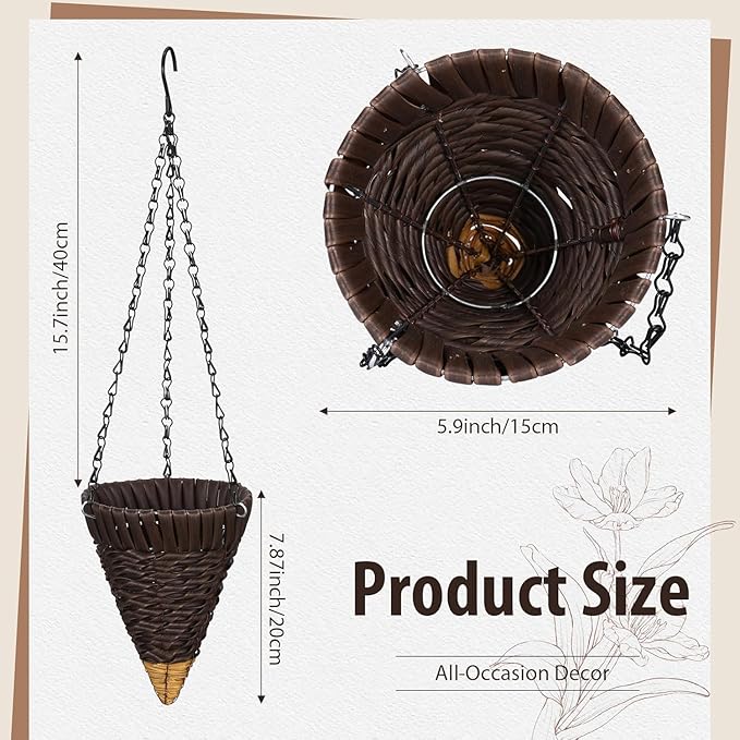 4 Pcs Hanging Plant Flower Basket for Outdoor Spring Decoration, 7.87 Inches Black Iron Chain Wicker Woven Conical Artificial Flower Hanging Basket, Plants Not Included (Coffee)