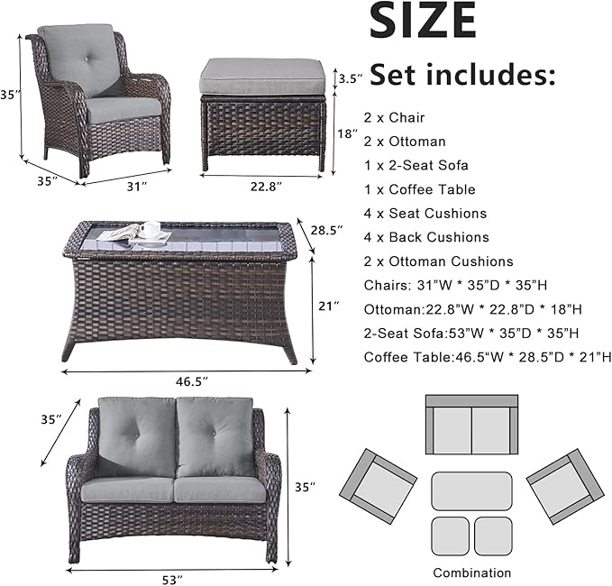 Belord 6 Pieces Patio Furniture Set Outdoor Wicker Furniture, 2 Patio Wicker Chairs with 1 Loveseat Sofa, Coffee Table and Ottomans, Patio Conversation Set for Porch Garden Deck Balcony Poolside