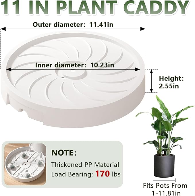 MCleanPin 2 Pack Plant Caddy with Hidden Wheels, 11" Heavy Duty Rolling Plant Stand with Removable Drainage Tray and Silent Casters Round Flower Pot Mover Planter Dolly for Indoor Outdoor Black