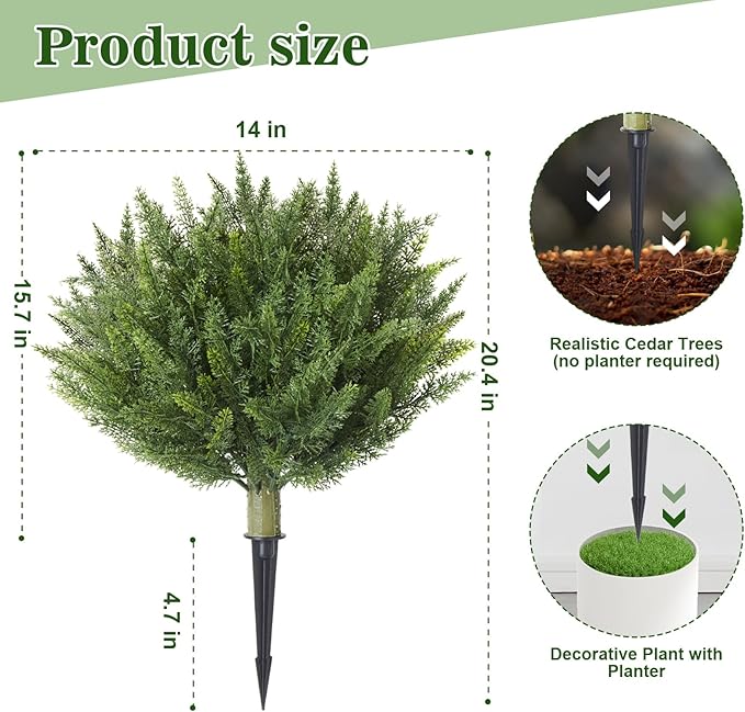 15.7" Christmas Fake Shrubs, Artificial Cedar Ball Tree Plant, 2 Packs of Fake Cedar Outdoor shrubs with Ground Spike, UV Resistant Fake shrubs, Used for Indoor and Outdoor Front Porch Gardens