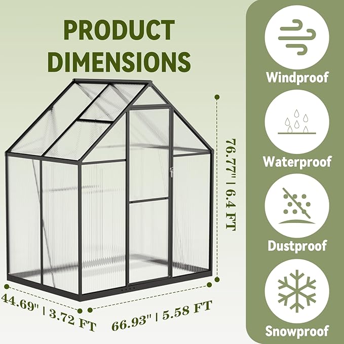 6X4 FT Polycarbonate Greenhouse, Small Walk-in Green House for Outside with Electronic Thermometers, Reinforced Aluminum Frame Greenhouses, Heavy Duty Garden, Patio, Backyard Planting