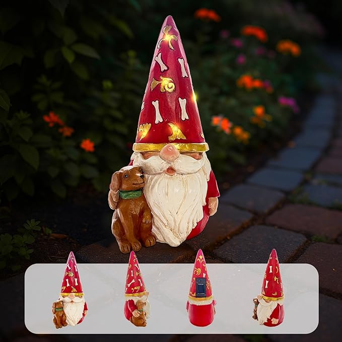 LETITIN Solar Garden Gnome with Dog Statue - Outdoor Solar Powered Gnome Decor with LED Lights, Waterproof Funny Garden Decorations for Patio, Yard, Lawn (Dog Gnome)