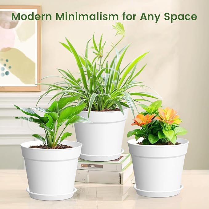 SwinDuck 20 Pack 6 Inch Plant Pots with Drainage and Saucers, White Plastic Flower Pots for Indoor and Outdoor Plants, Stackable Nursery Planters for Houseplants and Herbs, White