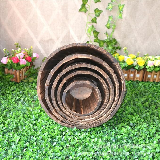 Wooden Round Barrel Flower Pot Planter with Breathable Bottom Hole for Home Office Garden Decor 7.08X5.9 Inches