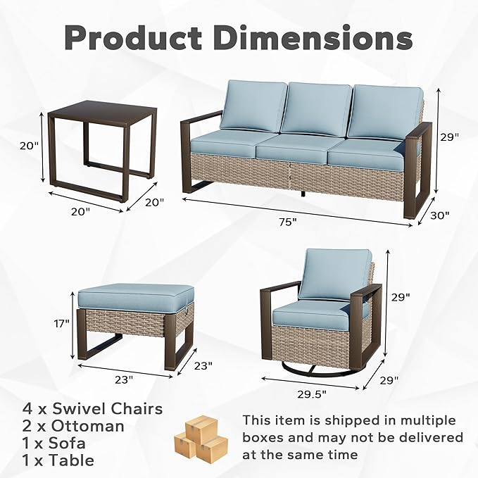 Outdoor Patio Swivel Rocker Chairs, 8 Pieces Wicker Furniture Set, 4 Swivel Rocking Chairs, 1 Sofa, 2 Ottoman and 1 Table, Wide Armrest, Thick Cushions and Deep Seating for Garden, Backyard, Porch