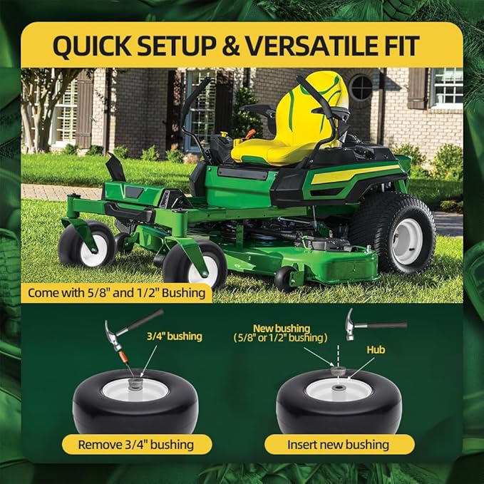 13x6.50-6 Lawn Mower Tires Flat Free with Rim Assemblies (2 Pack),Universal 13x6.5-6 Solid Smooth Rubber Zero-Turn Lawn mowers Tire,5.5"-7.72”Centered Hub and 3/4" extra 5/8" 1/2” Bushings