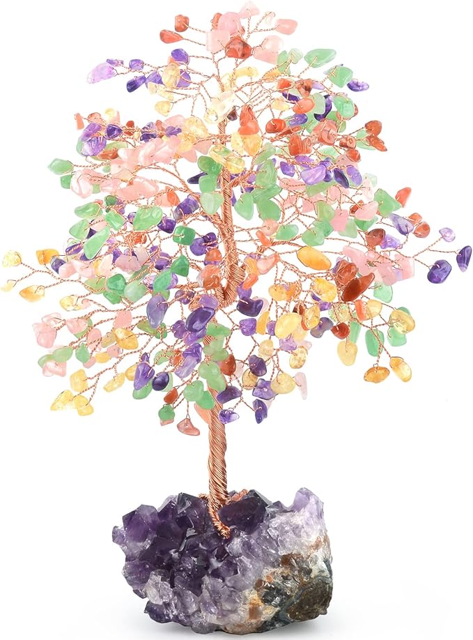 MASGEMES Chakra Tree of Life Natural Gemstone Crystal Tree,Healing Stones(406 Stone Count) with Amethyst Cluster,Fengshui Decor Bonsai Money Tree,Positive Energy Good Luck Gift Size 8.5"-9"