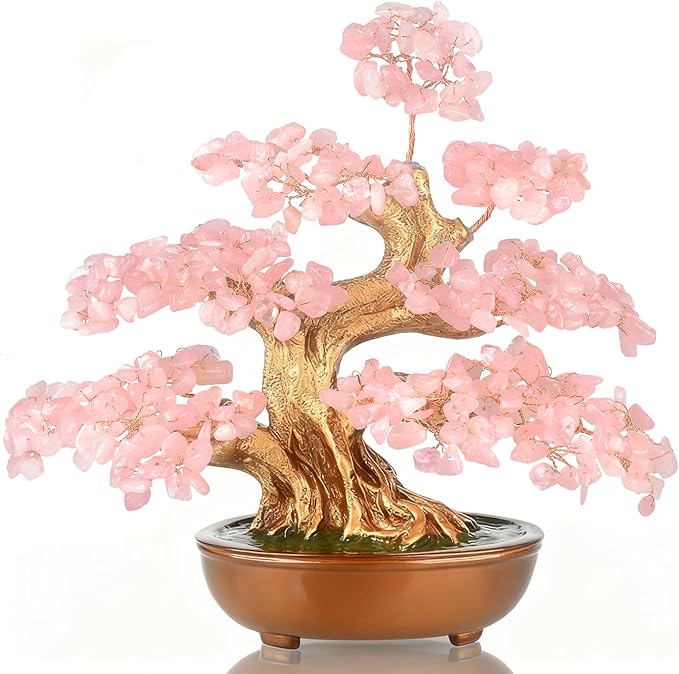 MASGEMES Rose Quartz Crystal Tree Bonsai, Handmade (360 Large Beads) Gemstone Tree of Life Gift for Women Chakra Energy for Home Decor, Office Decor,Healing Crystal Money Tree 8''