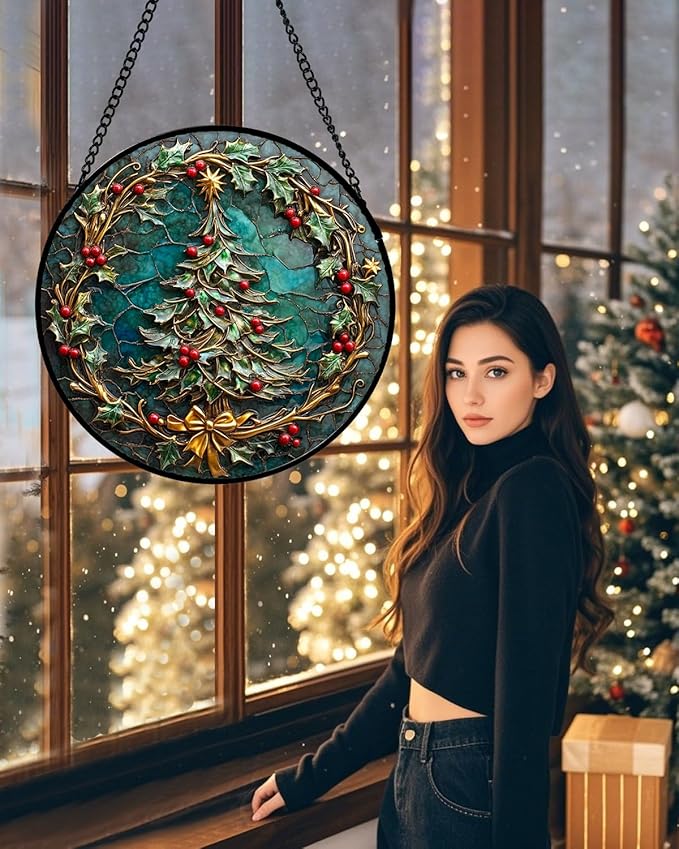 DASTOLL Stained Glass Window Hangings - Red Gold Green Wreath Suncatcher for Door Home Christmas Tree Decoration Sun Catcher Thanksgiving New Year Birthday Gift for Women Men Mom Grandma 9.8 in