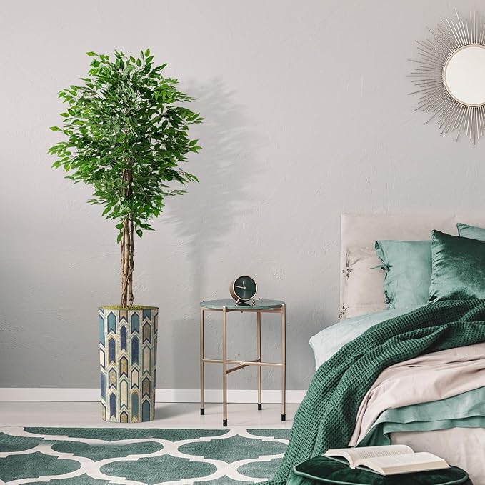Artificial Tree in Modern Polygon Pattern Effect Planter, Fake Ficus Silk Tree for Indoor and Outdoor Home Decoration - 75" Overall Tall (Plant Pot Plus Tree)