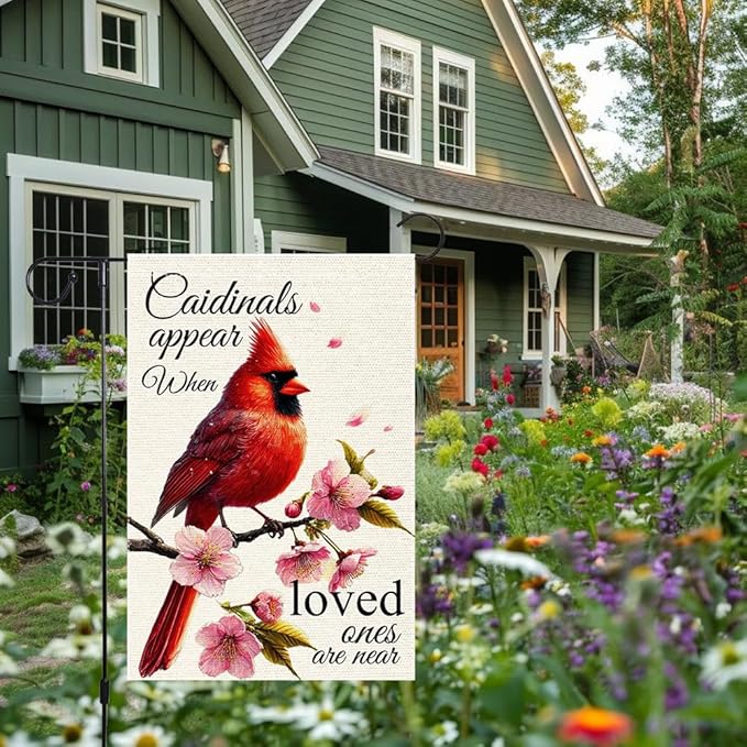 Spring Cardinal Garden Flag 12x18 Inch Double Sided Small Burlap Outdoor Yard Lawn Peach blossom Rustic Farmhouse Seasonal Wildflowers Anniversary Flags Decorations