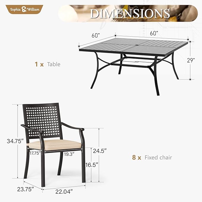 Sophia & William Patio Table and Chairs Set, Outdoor Dining Set for 8, 9 Piece Metal Patio Furniture, 60" Black Square Table(Beehive)