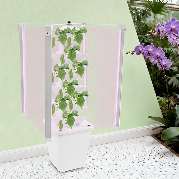 Garden Hydroponic Growing System Vertical Tower 30 Pods, 6 Tier Gardening System with 4 LED Grow Lights, Self-Watering, 2.64Gal Indoor Vertical Garden Planter for Herbs Vegetables (White)