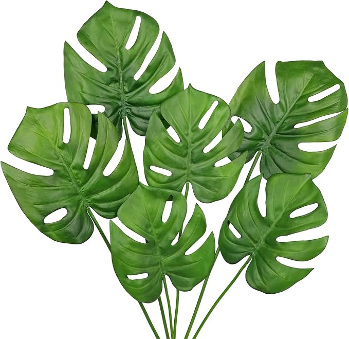 Hollyone 6 Pack Artificial Monstera Leaves with Stems Real Touch Faux Monstera Turtle Safari Leaf Fake Palm Tropical Plants for Vase Hawaiian Luau Party Jungle Beach Table Home Wedding Kitchen Decor