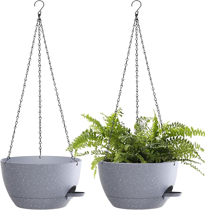 SQKH 12 Inch Hanging Baskets 2 PC with Chains, Self-Watering Hanging Planters for Indoor Outdoor Plants, Plastic Hanging Flower Pots,Speckled Grey