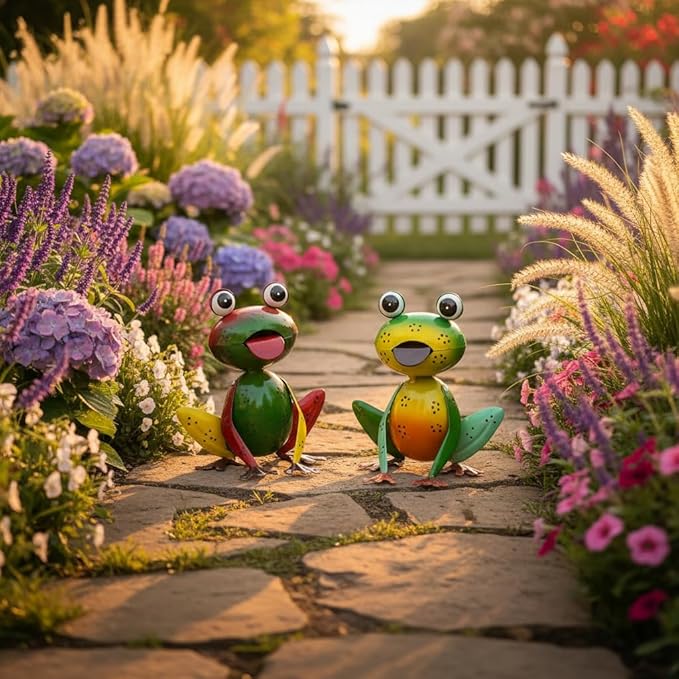 Metal Garden Decor for Outside Set of 2 Cute Small Frogs - OutdoorGarden Sculptures & Statues, Patio Lawn Backyard Fence Porch Decor, Metal Yard Art Ornaments, Garden Gifts for Mom Women Grandma