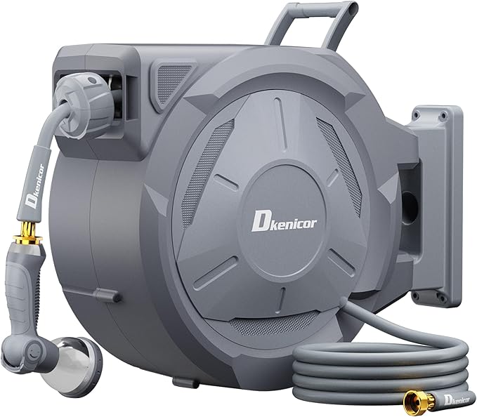 5/8" × 110 ft Retractable Hose Reel, Heavy Duty Retractable Garden Hose Reel Wall Mounted with 10-Pattern Hose Nozzle/Any Length Lock/Slow Return System/180°Swivel Bracket