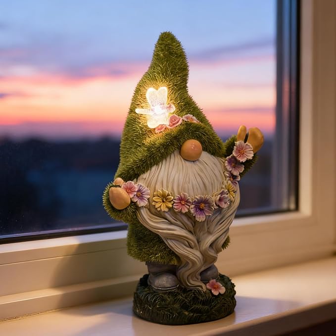 DiliComing Garden Flocked Gnomes Decor for Yard - Artificial Green Moss Gnome Statue with Solar Light, Dwarf Sculpture for Outdoor Patio Porch Lawn Decor, Spring Decorations for Home