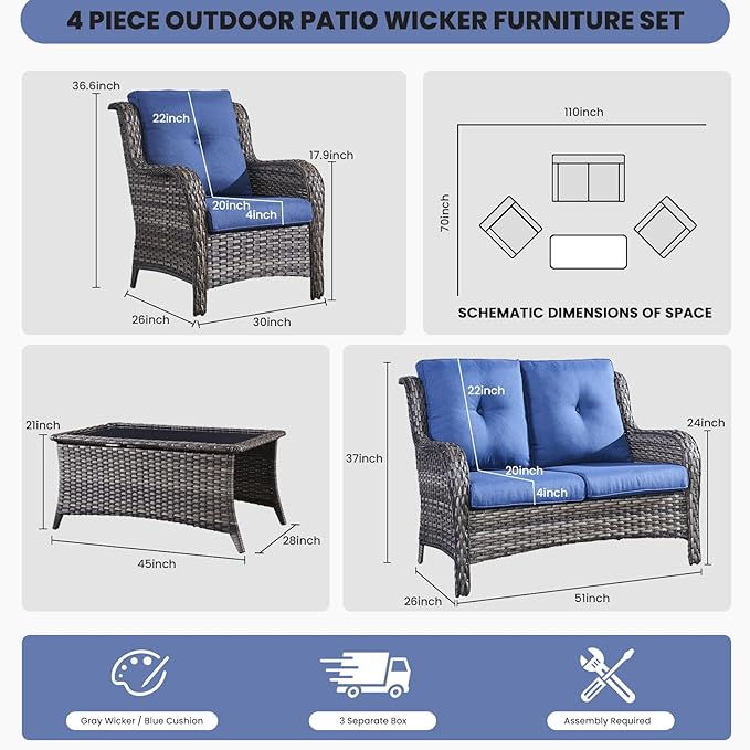 Belord Wicker Furniture 4 Pieces Outdoor Patio Furniture Set Patio Loveseat Sofa Set with Wicker Chairs and Coffee Table, Paito Conversation Set for Porch Garden Deck Balcony Poolside