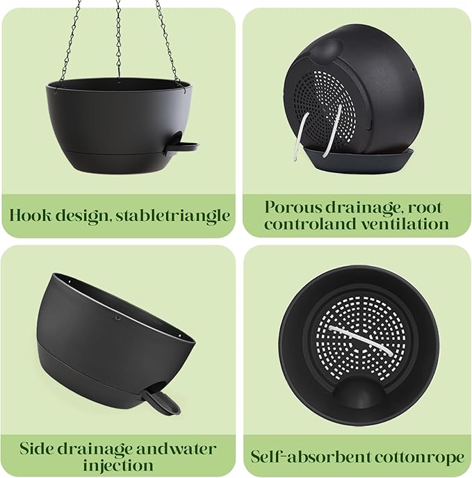 zople 10 Inch Hanging Planters with Chains 2 Pack Self Watering Black Plastic Hanging Pots for Indoor Outdoor Plants, Garden Porch Home Decor (Black)