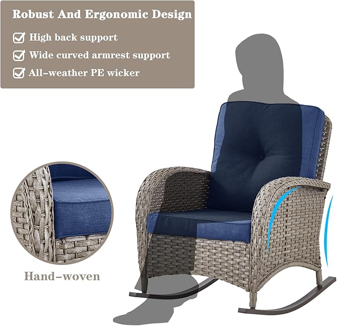 Belord 5 Piece Patio Rocking Chairs Furniture Set - Outdoor Wicker Furniture with Ottomans and Side Table, Rattan Conversation Bistro Set for Porch Deck Balcony