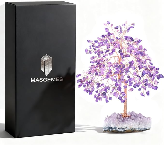 MASGEMES Natural Gemstone(406 Stone Count) Amethyst Crystal Tree of Life,Chakra Balancing Positive Enegy Fengshui Decor Bonsai Money Tree,Good Luck Spiritual Gift Height 8.5-9 Inches