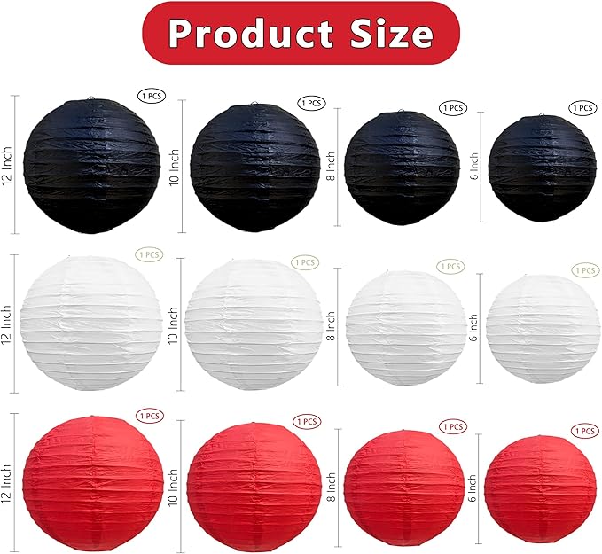 BEISHIDA Red Black White Round Paper Lanterns Decorative Hanging Asia Chinese Japanese Paper Lanterns Lamp for Birthday Graduation Baby Shower Wedding Home Decor Outdoor Party Decoration(12Packs)