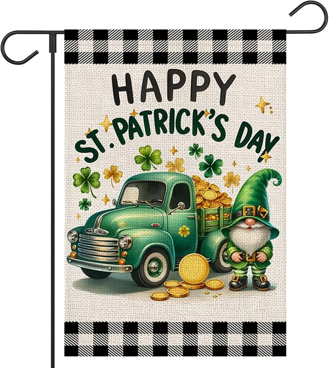 Happy St Patricks Day Garden Flag 12x18 Inch Double Sided Shamrocks Gnome Truck Buffalo Plaid Outside Small Flag for Yard Outdoor Holiday Decoration