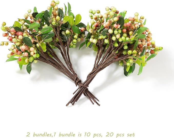 SHACOS Artificial Pink Berry Stems 20 PCS Fake Berries Branches Spray with Green Leaves 9.8 inch Small Berry Picks for Christmas Decorations Crafts Filler Holiday Home Decor, Pink