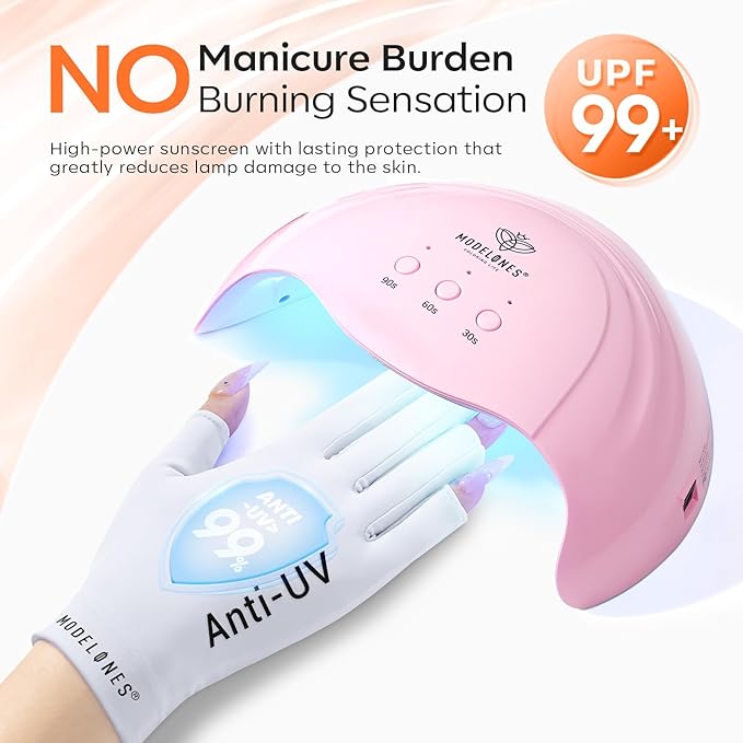 Modelones Premium UPF99+ UV Protection Fingerless Gloves for Gel Manicures, UV/LED Gel Nail Lamp, Nail Art Skin Care, Hand Protection (White)