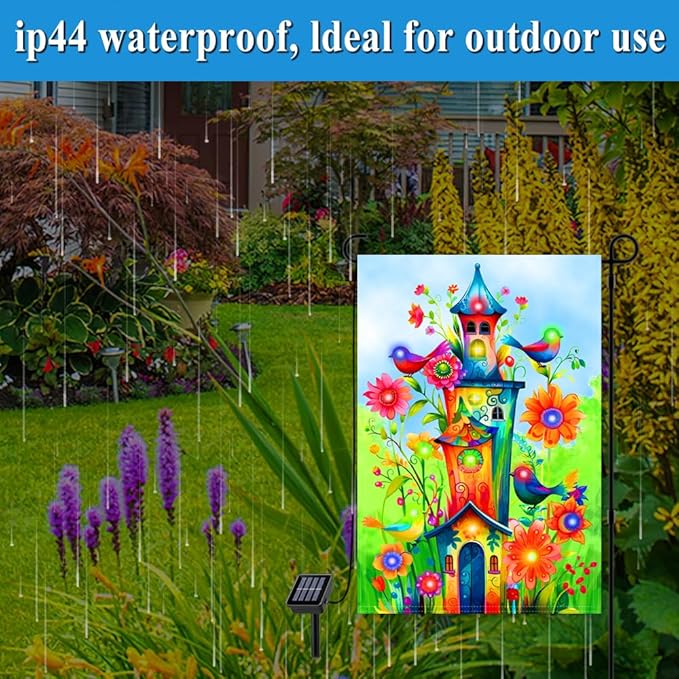 Bird Lighted Garden Flag for Outside, Led Solar Yard Flag 8 Modes Floral Bird Flag, 12x18 Double Sided House Decorations for Home Porch (Stand Not Included)