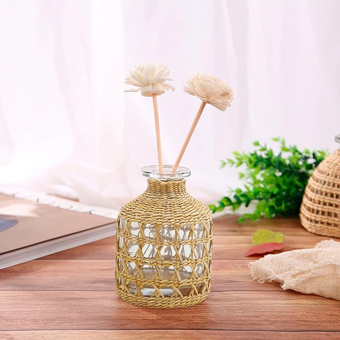 Flower Vases with Rattan Cover Straw Woven Glass Vase Boho Glass Flower Vase for Arrangement Table Decoration, 4.44''X1.77''X3.14'', B Style