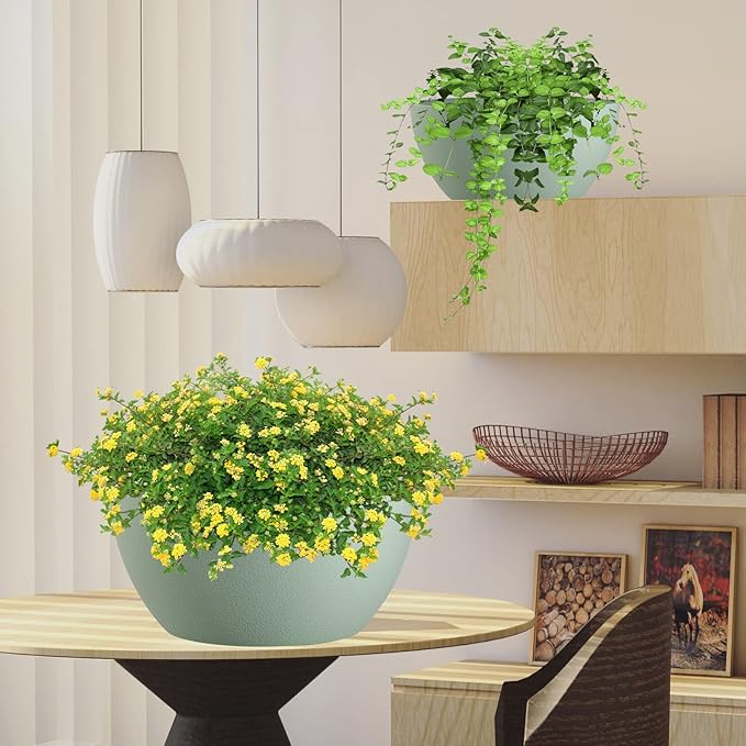 WSMKSZ 13 inch Large Hanging Planters Plant Pots for Outdoor Indoor Plants with Drainage Holes and Chain, 2 Pack Round Hanging Flower Pots for Garden Home Porch Decor, Green