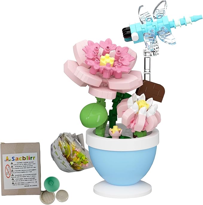 Sacblirr Mini Flower Bonsai with Cute Insects Lotus Dragonfly - DIY Potted Plant Building Blocks for Kids and Adults, Botanical Collection Decor Toy