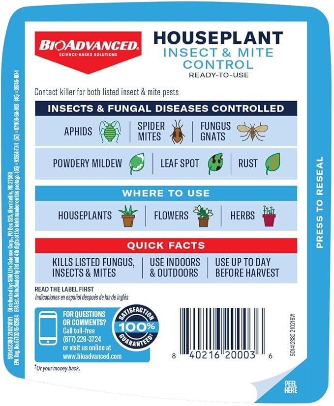 BioAdvanced Houseplant Insect & Mite Control, Ready-to-Use Fungul Disease & Fungus Gnats Killer, 24 oz