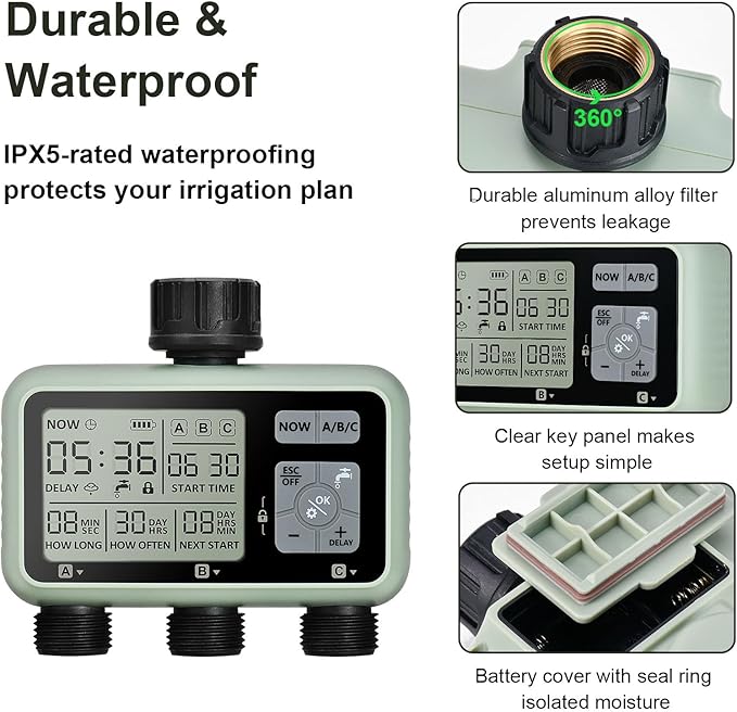Watering Timer 3 Zone, Sprinkler Timer, Programmable Garden Outdoor Hose Faucet Timer with Rain Delay, Auto & Manual Watering System,Water Hose Irrigation Timers 3 Outlet for Garden