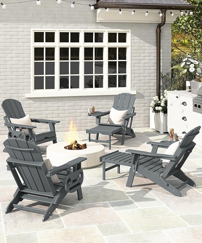 Adjustable Adirondack Chair with Retractable Ottoman Set of 2, HDPE Folding Adirondack Chair with Cup Holder, All Weather Fire Pit Chair for Outdoor.