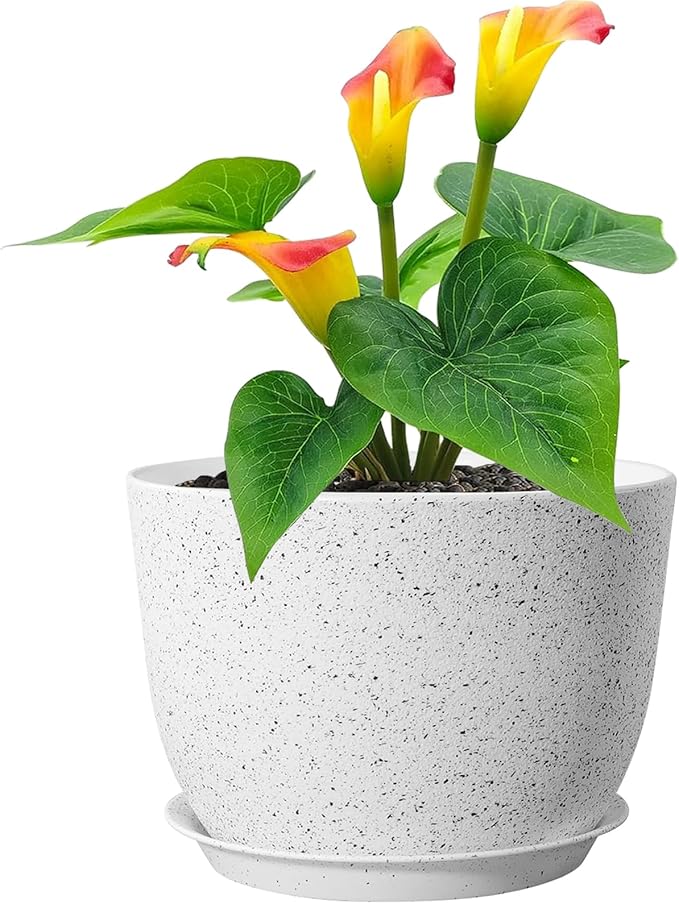 Meowell Plant Pots 12 inch, Plastic Planters with Drainage Holes and Saucers, Large Flower Pots for Indoor Outdoor Plants, Modern Decorative Pots for Garden House Plants, Speckled White
