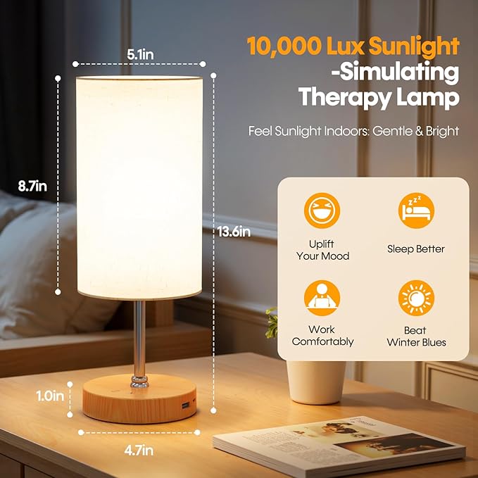 NIORSUN Light Therapy Lamp,10000 Lux Sun Lamp with Remote,3 Color Temperatures & Stepless Dimming,Happy Sunlight Lamp with USB C & A Ports,UV-Free Full Spectrum Light for Home, Office