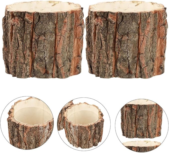 ARTIBETTER Bark Planter Pot 2pcs Wood Bark Natural Log Succulent Plant Pots for Indoor Plants Rustic Tree Stump Planter Farmhouse Bucket for Home Art Decor 3. 54x3. 14in
