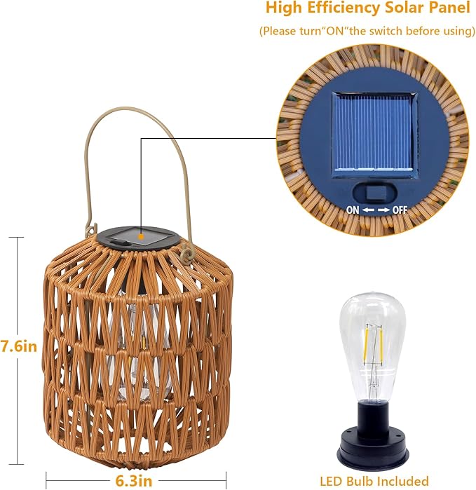 Rattan Solar Lights, 4 Pack Solar Lanterns Outdoor Waterproof, Outdoor Lights for Yard, Hanging Lantern with Handle, Decorative Lanterns for Garden, Tabletop, Tree Lighting (Bulbs Included)