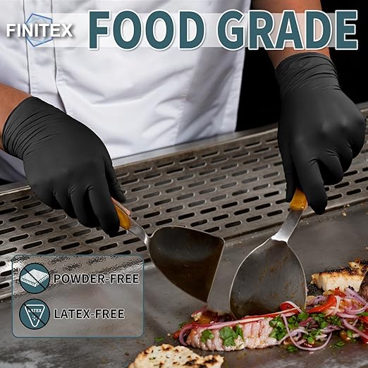 FINITEX - Black Nitrile Disposable Gloves, 5mil, Powder-free, Medical Exam Latex-Free 100 PCS For Examination Home Cleaning Food Glove (Small)