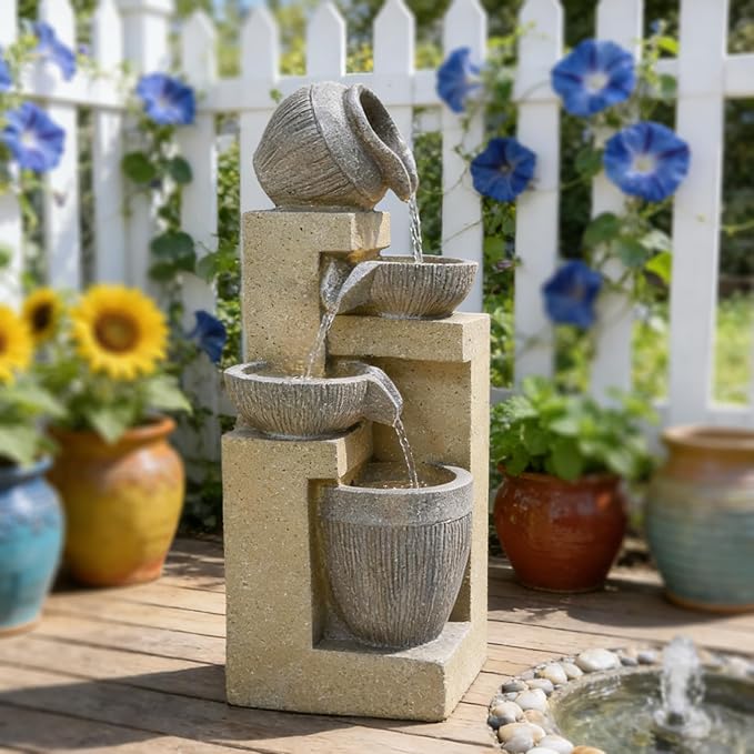 Outdoor Water Fountain with Lights, 20.08” Tall Resin Tiered Waterfall Fountain, Garden Decor for Patio, Yard, Deck & Indoor Relaxation(Gray)