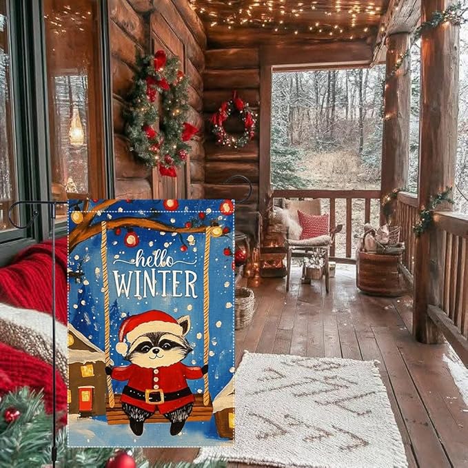 Hello Winter Garden Flag 12x18 Inch Double Sided Burlap Cute Raccoon in Santa Suit on Swing Christmas Holiday Outdoor Decor for Yard Porch Lawn Winter House Decoration