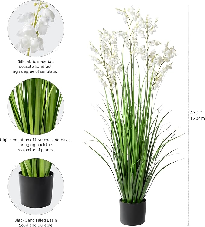 Ttranewsoo Artificial Tall Grass Plants with Pots 47“ 1 Pack Lily of The Valley Artificial Grass Home Interior Decorating and Outdoor Garden Decorations（White）