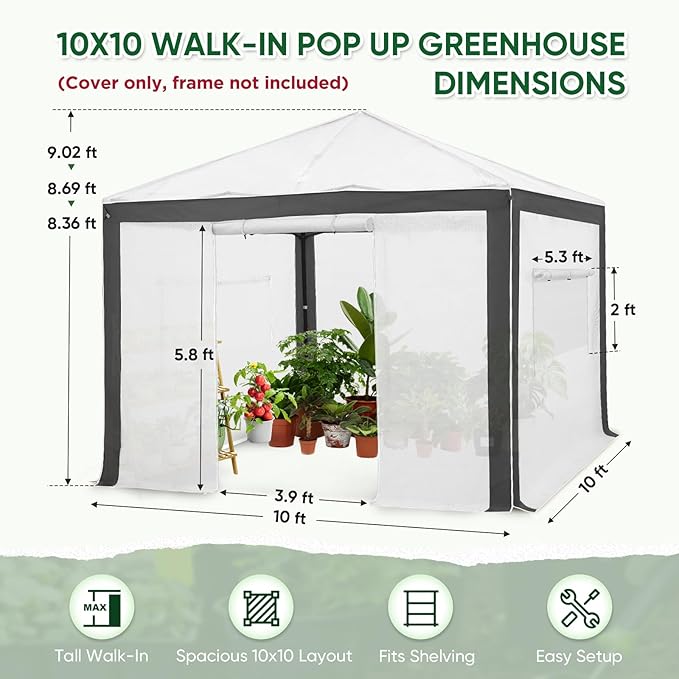 EAGLE PEAK Replacement Cover for 10x10 Pop up Greenhouse with Polyester Reinforced Corners, Front and Rear Roll-Up Zipper Entry Doors and 2 Large Roll-Up Side Windows (Frame Not Included), Gray/White