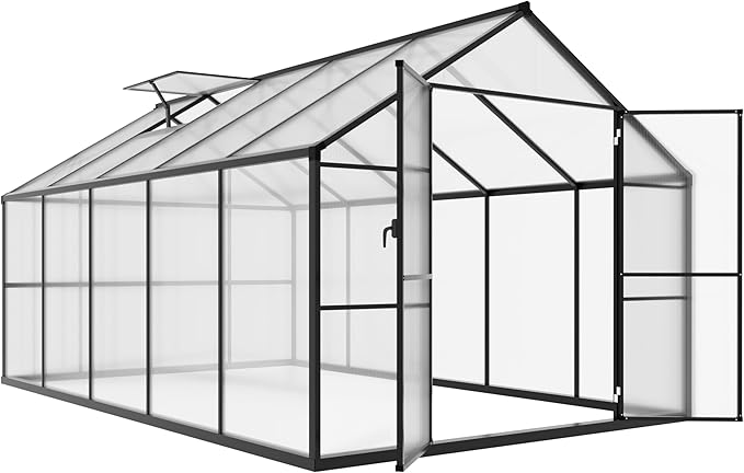 MUPATER 8 x 10 FT Heavy Duty Greenhouse, Walk-in Greenhouse with Lockable Door and Adjustable Roof Vent, Polycarbonate Green House Kit with Aluminum Frame, for Backyard, Garden, Outdoor, Grey
