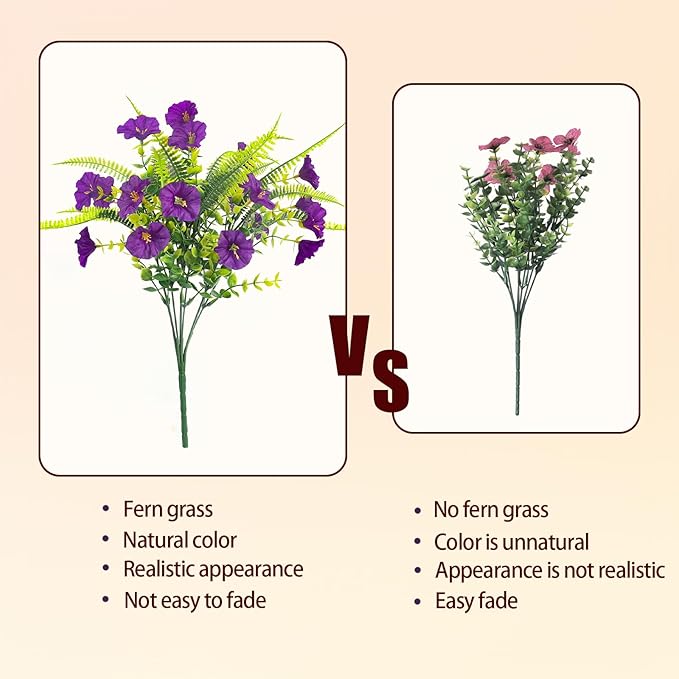 HIAGROW Artificial Flowers for Outdoors 12 Bundles Artificial Petunias Fake Flowers UV Resistant Shrubs Plants with Fern for Indoor Outside Hanging Planters Home Garden Spring Summer Decorations