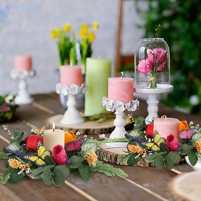 6 PCS Mini Spring Summer Kitchen Cabinet Wreaths Small Butterfly Tulip Lavender Eucalyptus for Front Door with Ribbon Berry Spring Floral Silk Flowers Wreath for Porch Wall Window Farmhouse Decor